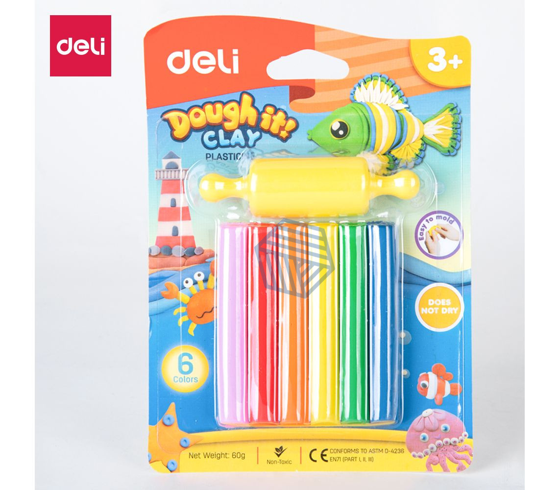 საძერწი მასალა PLASTICINE 6 COLORS, 60G,DELI D75011